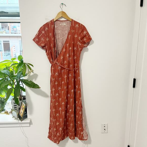Marine Layer Emlyn Palm Tree Print Wrap Midi Dress Size Small - Picture 1 of 7